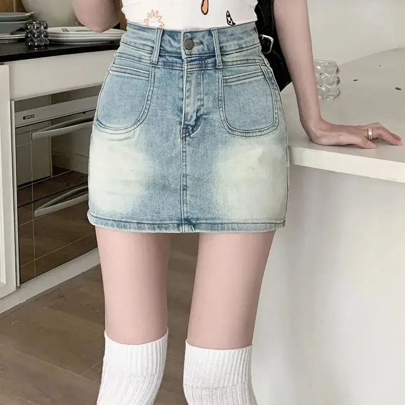 

Light Wash Vintage Stretch Denim Mini Skirt Summer Anti Exposure Safety Short Skirt Trendy Bodycon Design For Women