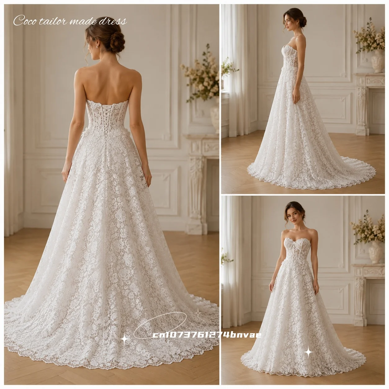Vintage Strapless Lace Wedding Dress Sweetheart Neck Corset Boned Bodice Full Lace A-Line Chapel Train Bridal Gown Customized