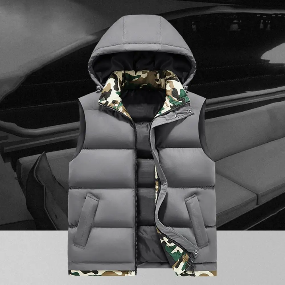 Casual Men Vest Men's Camouflage Hooded Vest with Stand Collar Windproof Design Zipper Closure Sleeveless Winter Waistcoat