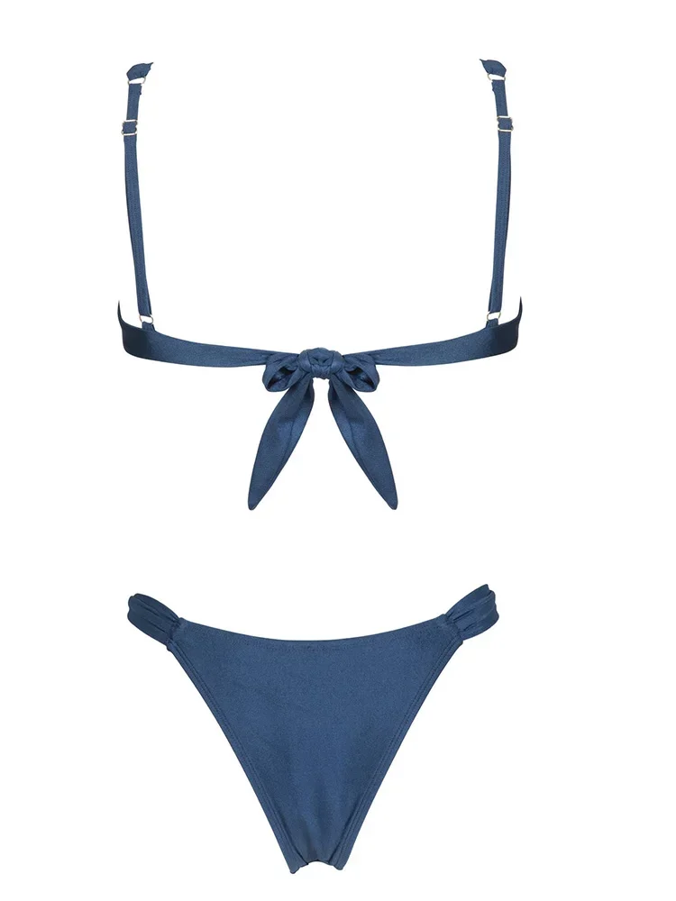 2025 bleu violacé femmes maillots de bain Bikinis tongs maillot de bain noeud Biquini maillots de bain solide maillot de bain Sexy deux pièces Bikini ensembles