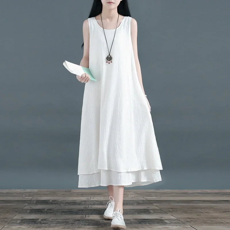 

Summer White Tank Top Dress Round Neck Sexy Double Layer Dress Sleeveless Cotton Linen A-line Dress Thin Sexy Vintage CY366