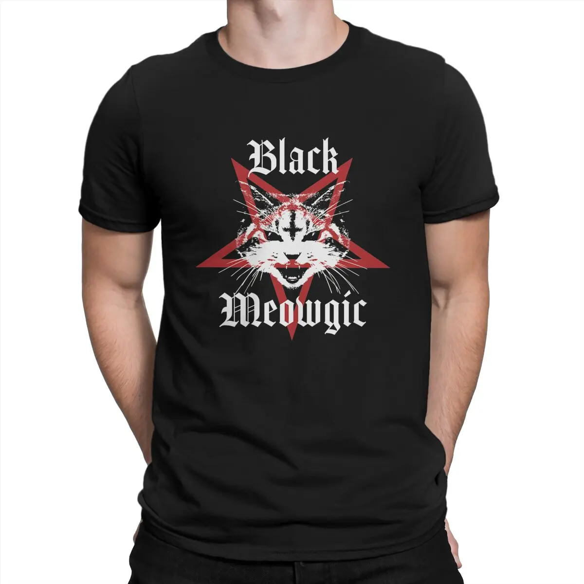 Black Meowgic Pentagram Cat Satanic Black Metal Cat Men T Shirt Cotton Gothic Crewneck TShirt Harajuku Clothing