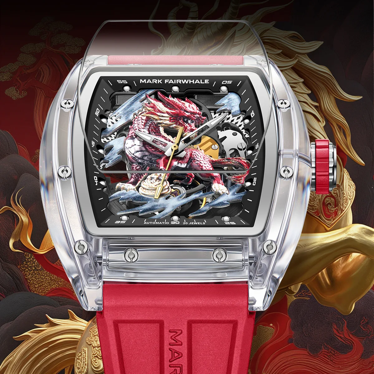 Mark Fairwhale Men's Automatic Mechanical Watch Tonneau Style Sports Waterproof Luminous Rubber Strap Fashion Hollow Design