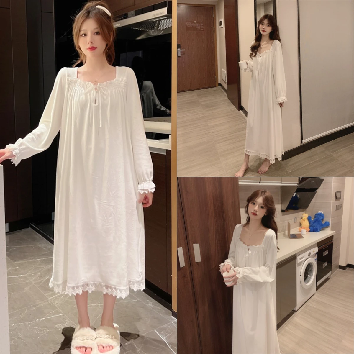 Women\'s Clothing Four Seasons Long-Sleeved Princess  Nightgown Girls Lace Court Style Pajamas Korean Loose Plus Size Homewear