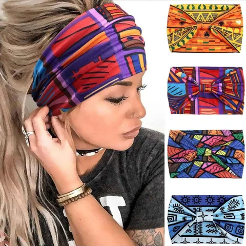 4 Pcs Boho Headbands for Women Colorful Geometrical Pattern Womens Hairbands African Styles Cloth Stretchy Head Bands Knotted Non Slip Head Wraps Sports Turbans Hair Accessories