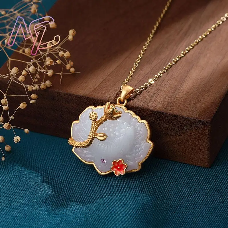 White Natural Jade Lotus Pendant Necklace Designer Carved Gemstone 18K Gold Plated Real Jewelry Gifts for Women Stone Talismans - Image 4