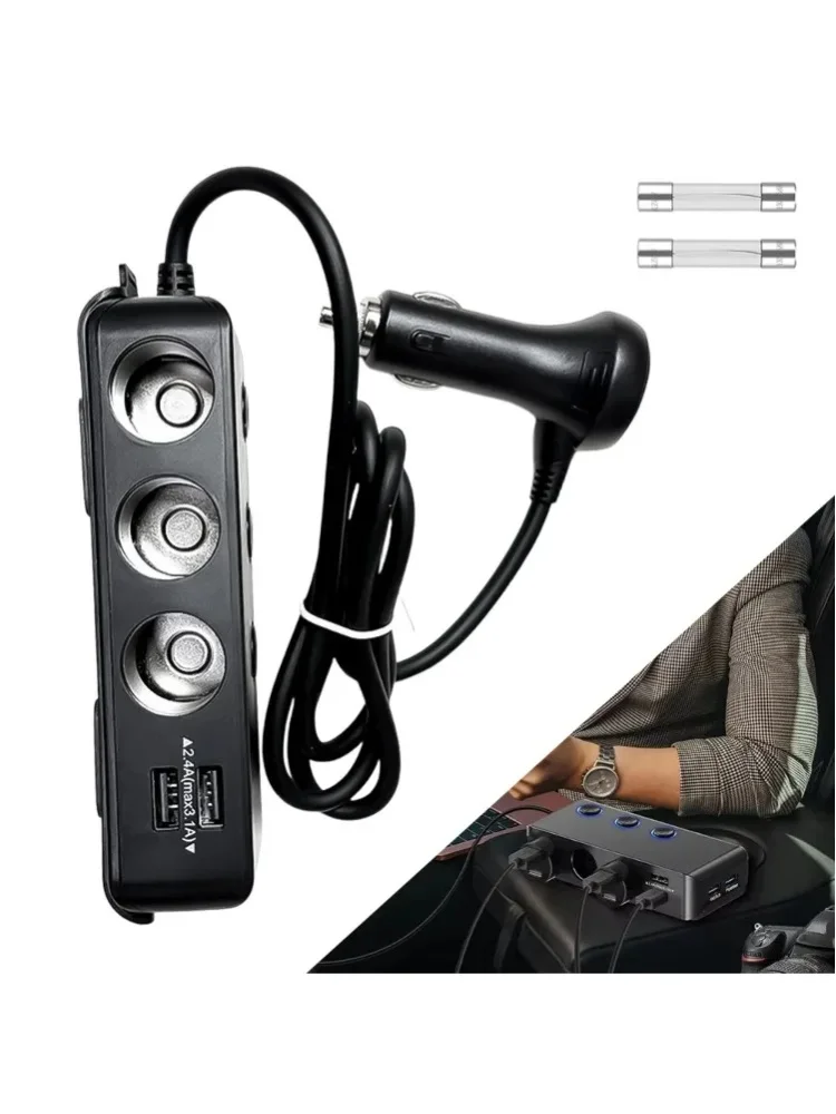 Adapter zasilania samochodowego 120W 24V 12V z rozdzielaczem, portami zapalniczki, ładowarkami USB 3.0, gniazdem Type-C, przełącznikiem, bezpiecznikiem i akcesoriami. — 2