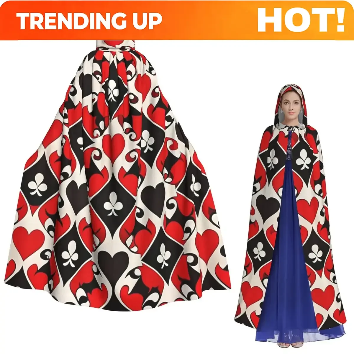 Customization Playing Cards Symbols Long Hooded Cloak Witch Medieval Costume Cosplay Cape HalloweenVampire Adult Unisex