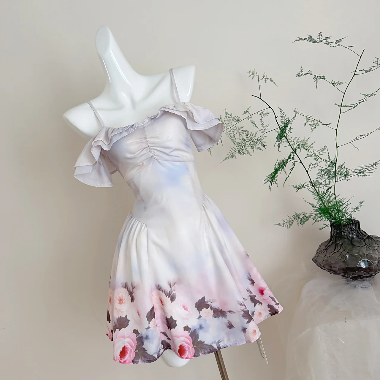 French Coquette Two Way Cold Shoulder Mini Dress Women Oil Painting Floral Print Ruffled Ruched Slim Fit Bodycon Party Outfit