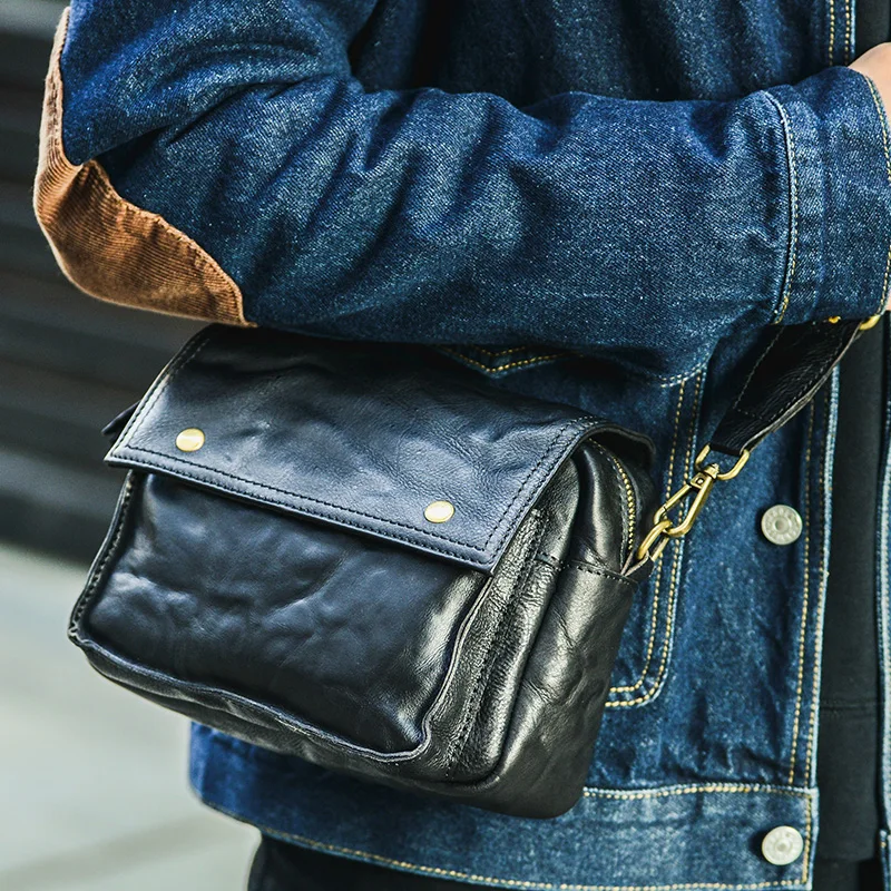 AETOO Men\'s leather crossbody bag head layer cowhide Yoshida small bag handmade retro casual Messenger bag cross style shoulder