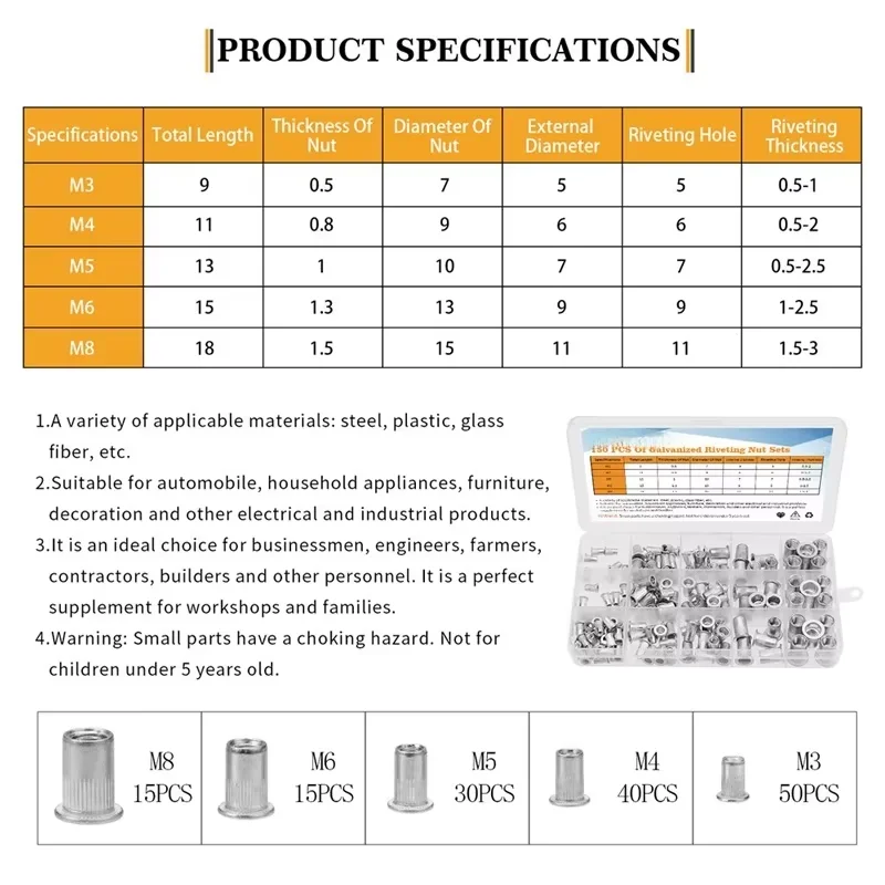 150PCS Rivet Nuts Kit M3/M4/M5/M6/M8 + 1PCS Rivet Nut ปืน + 5PCS Nut Rivet Mandrels Repairtool Rivetgun Flatheadscrew