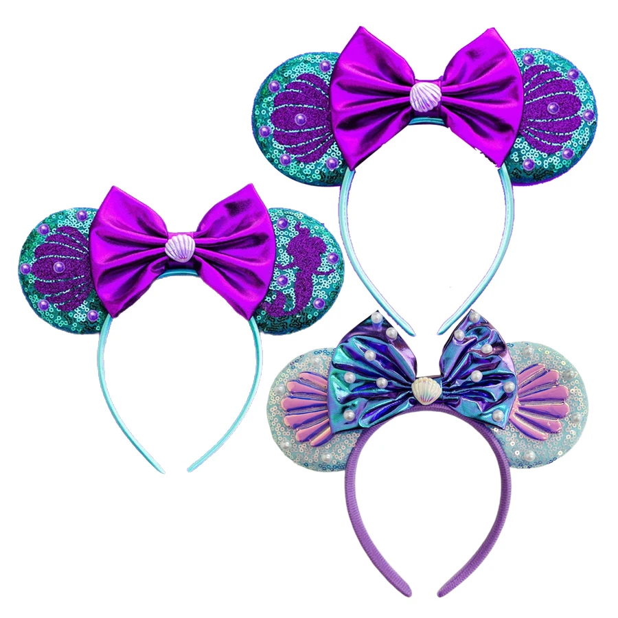 Diadema de Orejas de Mickey Mouse de la Sirenita para Niña, Accesorios para el Cabello de Flounder, Diadema de Ariel, Orejas de Concha de Perlas de Sebastian para Niños, Tocado