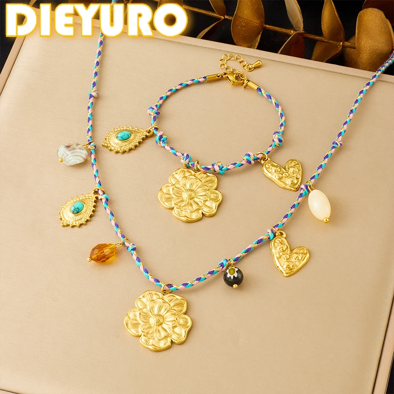 

DIEYURO 316L Stainless Steel Golden Textured Flower Heart Turquoise Necklace Bracelet Set Lady New Waterproof Jewelry Gift Set