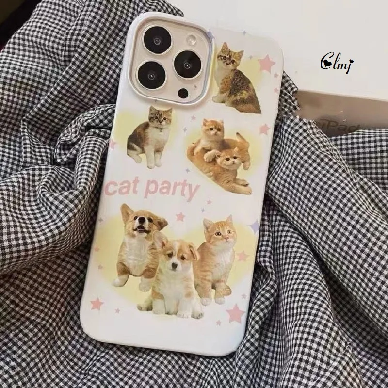 Clmj Y2K Vintage Cute Cat Dog Cartoon Animal Phone Case for iPhone 16 15 14 13 12 11 Pro Max XS XR XSMax 7 8 Plus Hard PC Cover