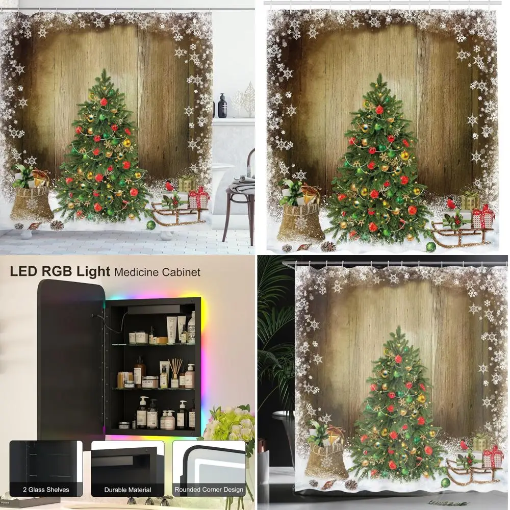 

Зимняя занавеска для душа в стране чудес: снежные сосны и подарочные коробки в деревенской рождественской сцене