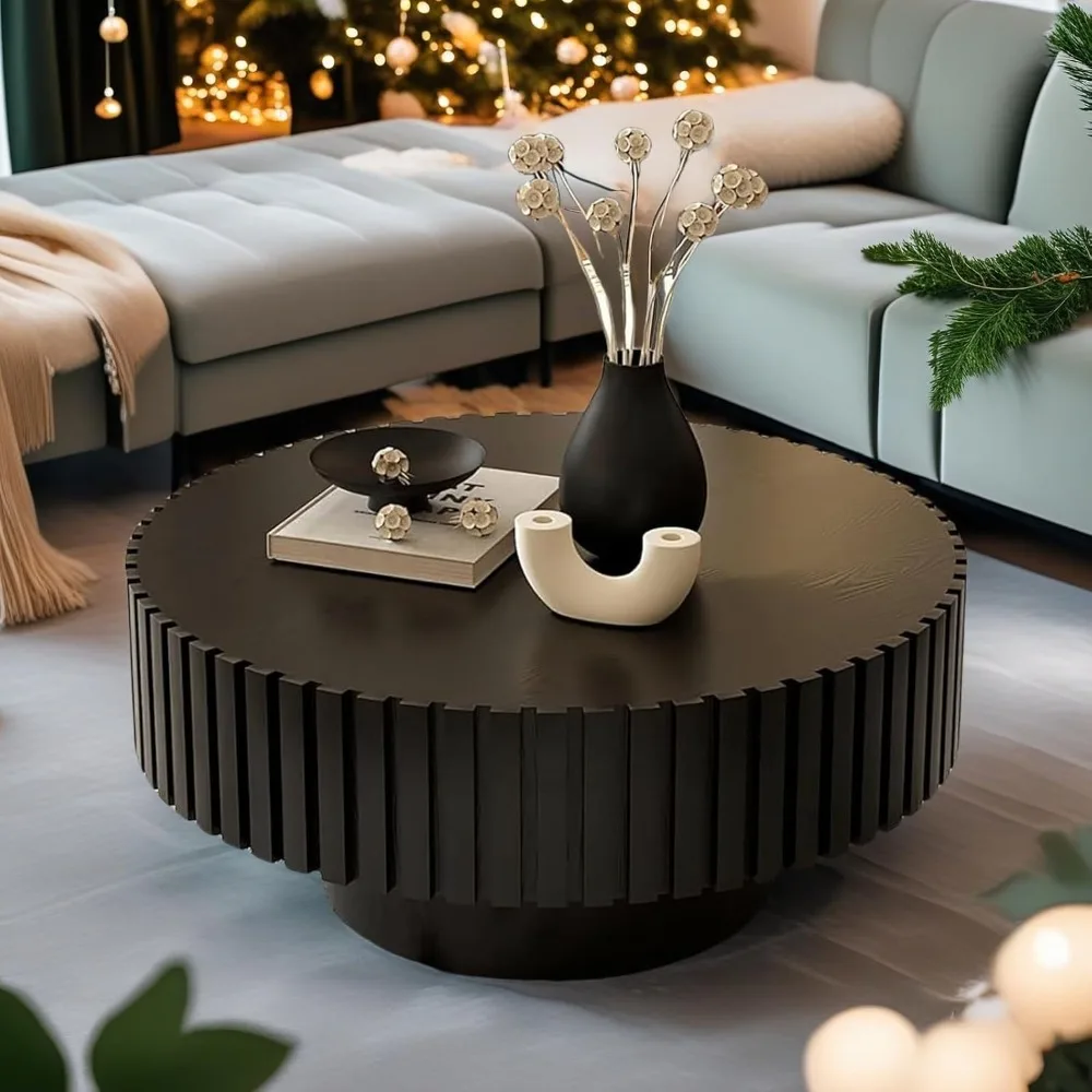 

Round Fluted Coffee Table Modern Handcraft Drum Chipboard Wood Center Tables, Unique Mid Century Aesthetic Low Coffee Tables, fo