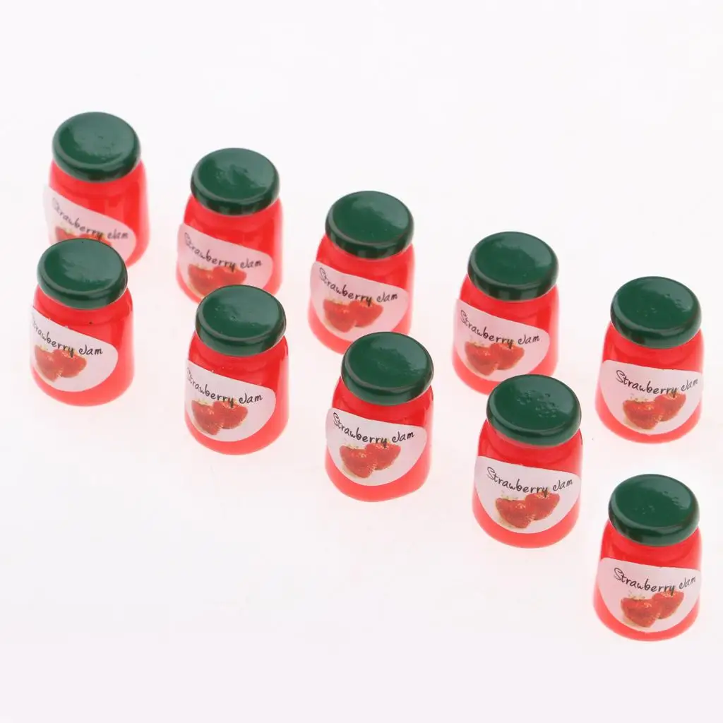 1/12 Puppenhaus Küche Lebensszene Ornament – Miniatur-Lebensmittelmodell Erdbeermarmelade Flaschen Set vorgeben 10-teilig