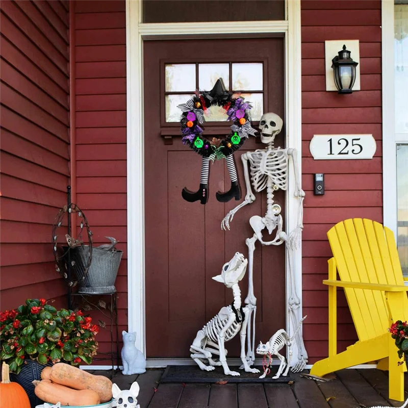 Halloween Wreath Outdoor Decorations - 25.6 X 13.7Inch Door Wreaths for Front Door, Witch Decor with Hat Legs Pumpkin