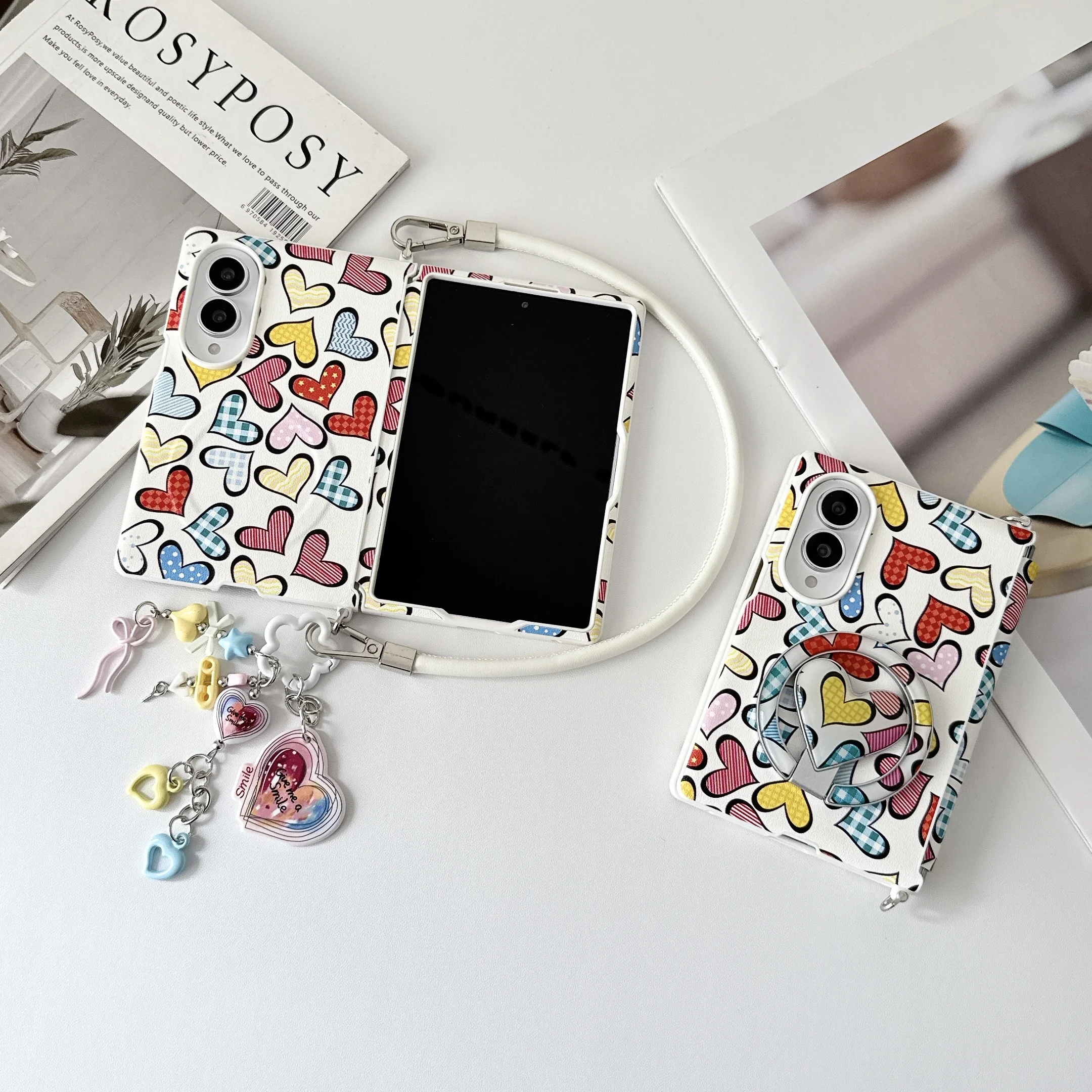 Cute Colorful Heart Plaid Print Magnetic Stand Phone Case For Samsung Galaxy Z Fold8 Protective Cover Wrist Strap for Magsafe