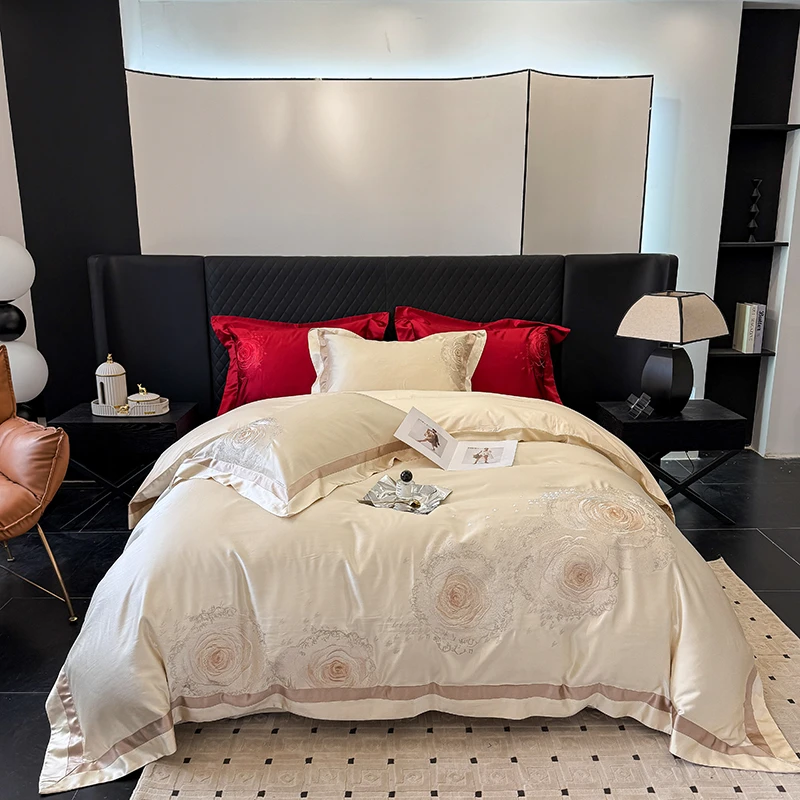 Luxury Rose Flowers Embroidery 1000TC Egyptian Cotton Premium Bedding Set Duvet Cover Flat/Fitted Bed Sheet Pillowcases 4Pcs