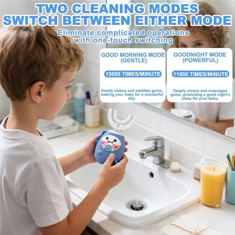 【SIMPLE】For Ages 2-12 Kids Electric Toothbrush U Shaped, 360° Ultrasonic 3 Speeds, IPX7 Waterproof Blue