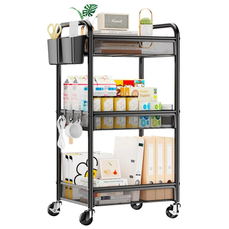 

3 Tier Rolling Cart Metal Utility Storage Carts with Wheels, Craft Cart Organizer with Hanging Cups, Hooks, Mesh Basket for Bed