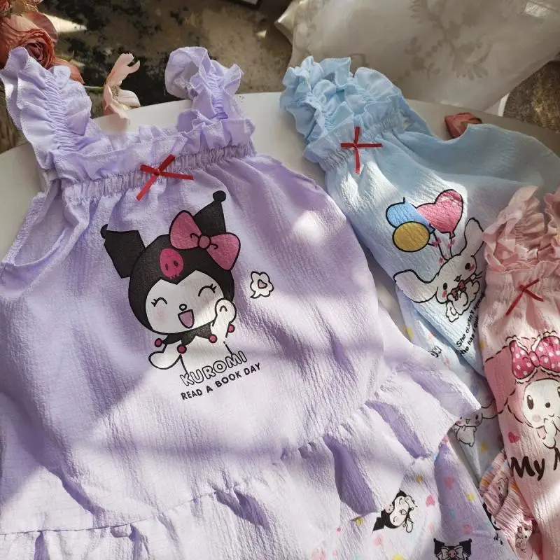 Hot Sanrios Kids Kuromi Pajamas Set Cinnamoroll My Melody Cartoon Casual Homewear Anime Loose Nightwear Cute Sleepwear Girl Gift