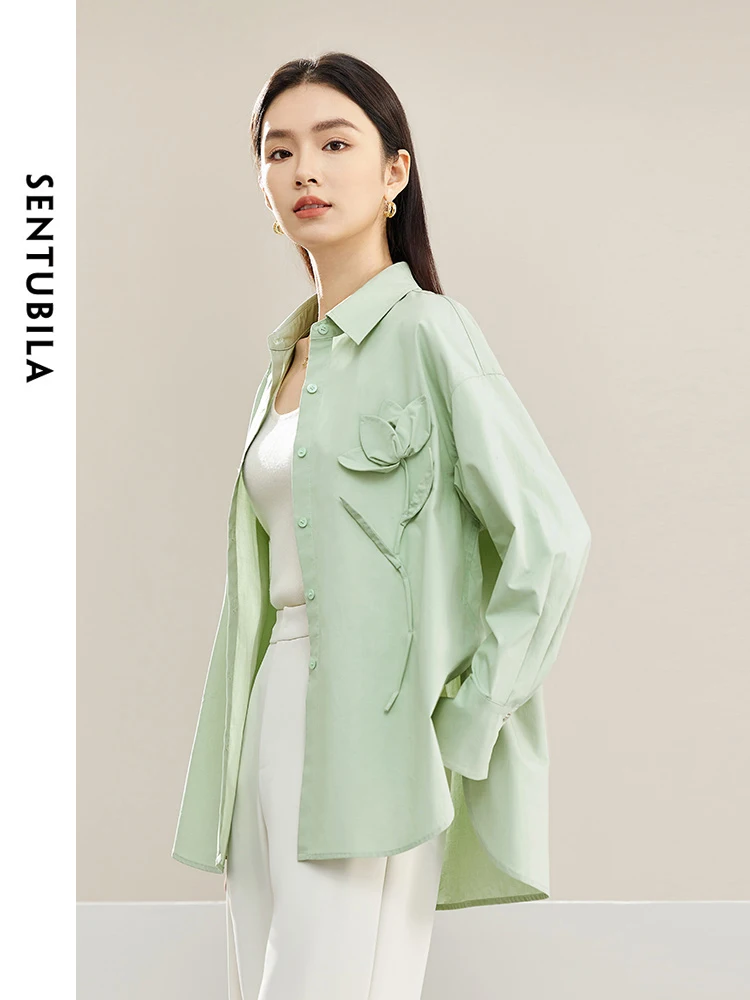 SENTUBILA Oversized Long Sleeve Shirt Tops for Women Spring Summer 2024 Three-dimensional Flower Button Down Shirts 141C53196