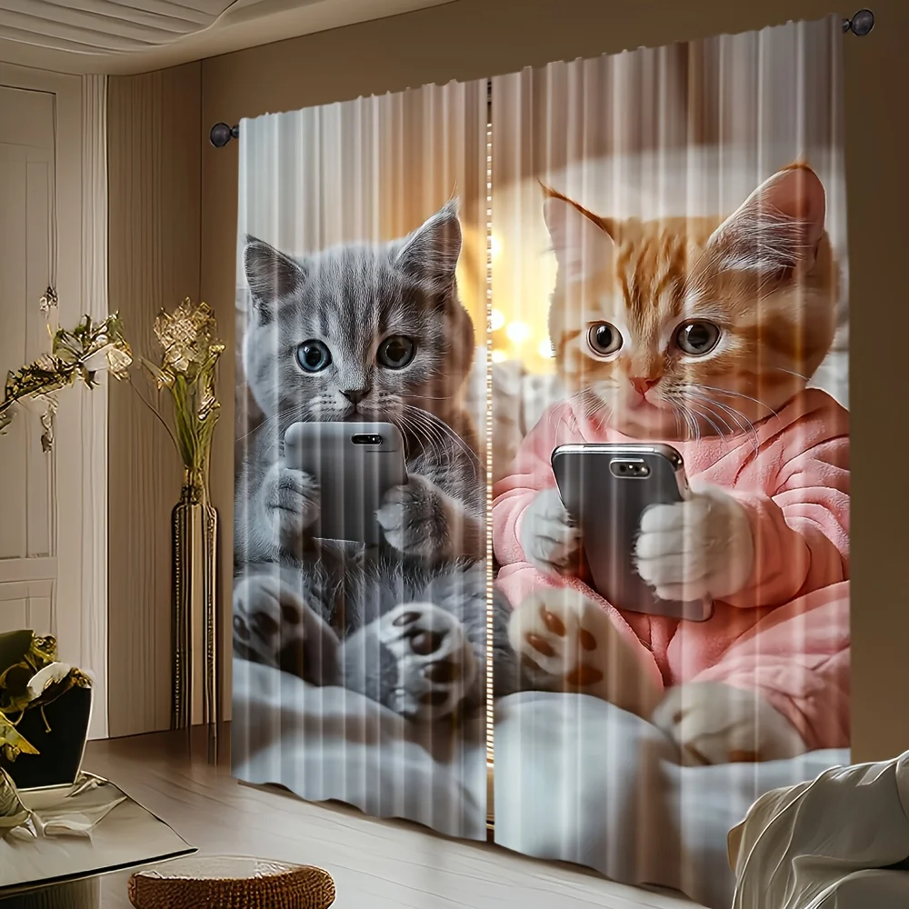 2pcs Funny Cat with Phone Print Curtains 3D Kitten Pattern Modern Style Polyester Window Drapes for Bedroom Living Room