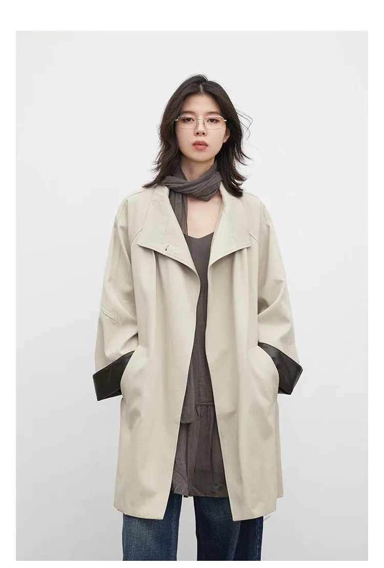 CHIC VEN Korean Women Mid Length PU Jacket Stand Collar One-button Laced Up Overcoat Office Lady Trench Coat Spring Autumn 2026