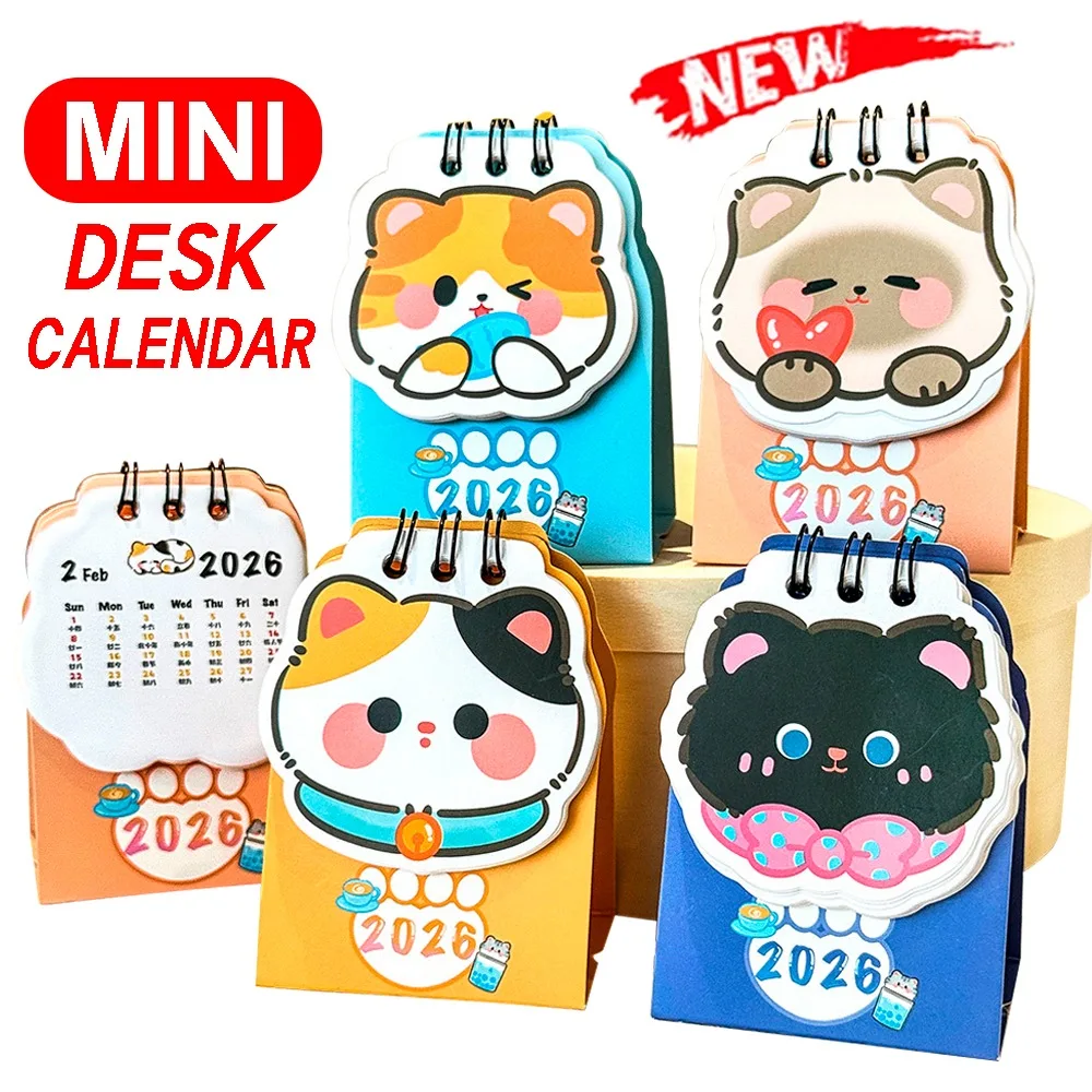 

Cute Mini 2026 Desk Calendar Coil Portable Daily Planner Cartoon Cute Cat Schedule Mark Desk Calendar Ornament Desktop Ornaments