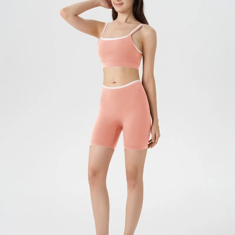 

2-piece New Women's Yoga Set Fake Two-Piece Color-Block White Stripe Camisole Running Sports Bra Shorts Yoga Outfit Set