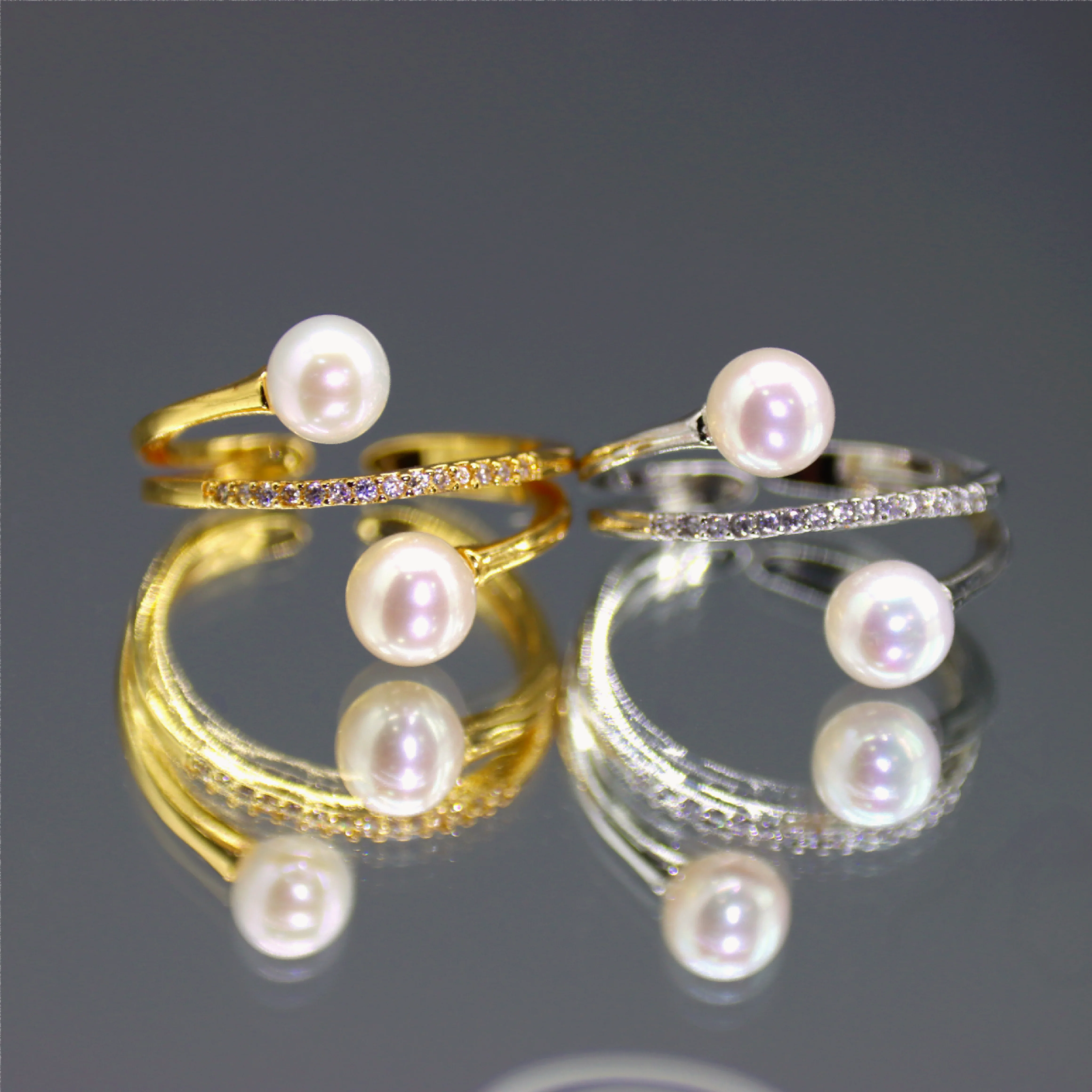 

JUNYE White round Freshwater Pearl Double Bead Open Ring Gold/Silver Color Elegant Women's Jewelry Engagement Gift with Gift Box