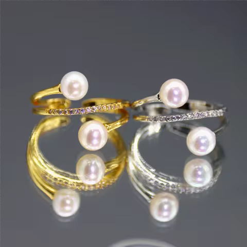 JUNYE White round Freshwater Pearl Double Bead Open Ring Gold/Silver Color Elegant Women's Jewelry Engagement Gift with Gift Box
