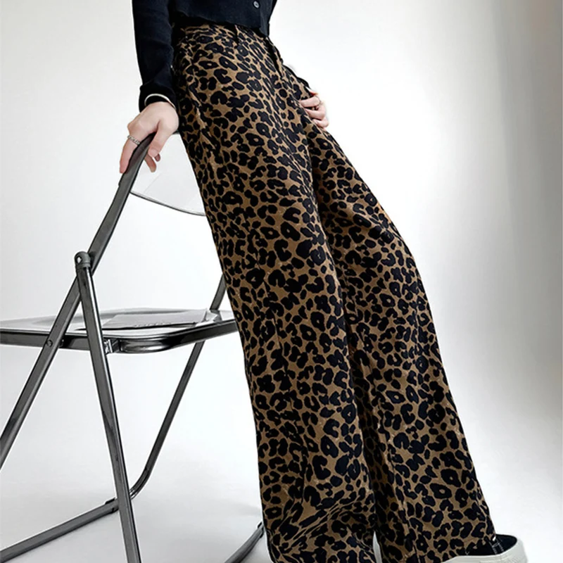 Pantalon léopard ample Vintage pour femme, boutonné, taille haute, classique, jambes larges, survêtement Mujer, automne hiver