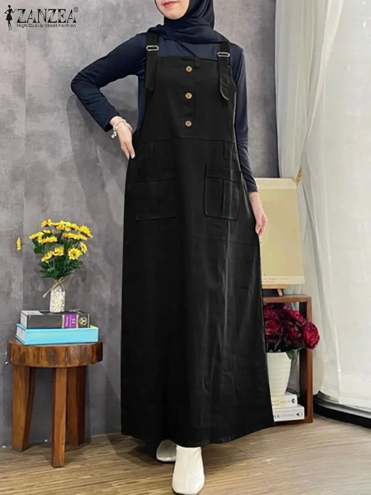 

ZANZEA Stylish Women Summer Fashion Cargo Dress Vintage Solid Spaghetti Strap Overalls Dress Muslim Abaya Sundress Islamic Cloth