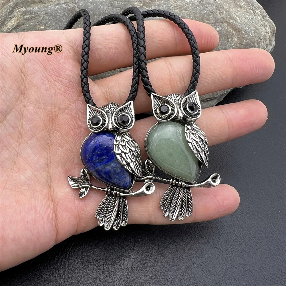 10PCS Wholesale Cute Owl Pendant Natrual Gems Stone Healing Crystal Quartz Amethysts Lapis Lazuli Vintage Hide Rope Necklace