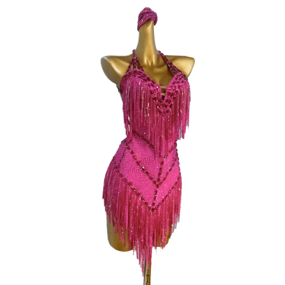 Latin Dance Costume, Rhinestone Women's Clothing, High-end Customized Rose Red Gemstone Samba Dance Dress, Performance Dress