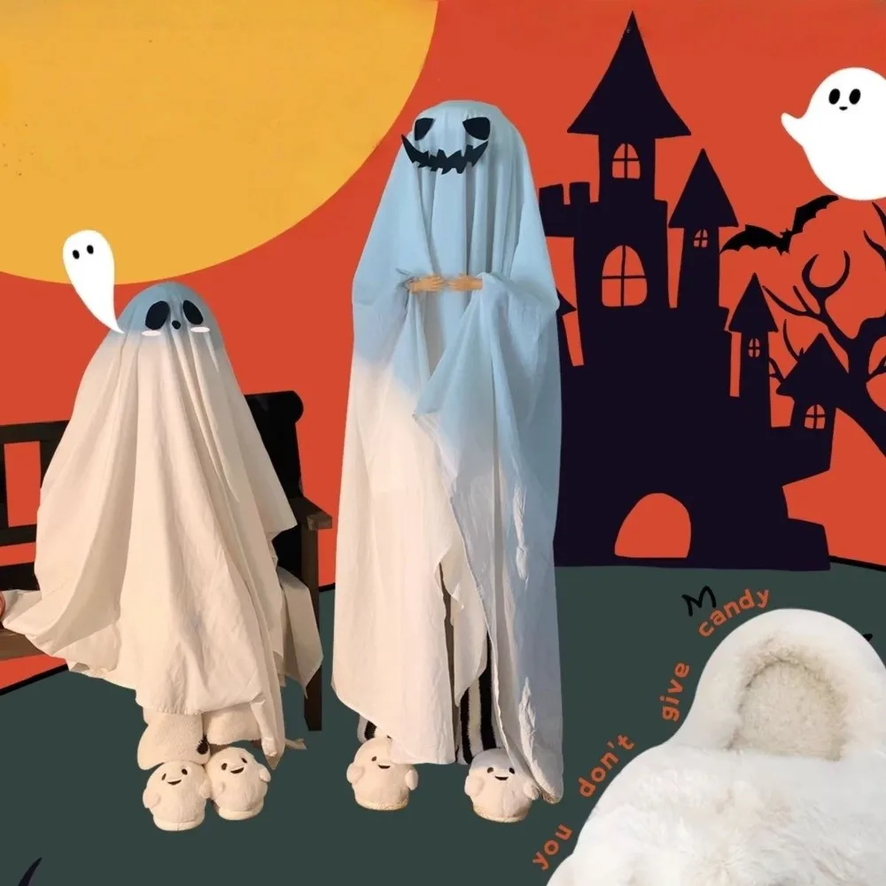 Cute Soft Ghost Slippers Non-Slip Silent Halloween Plush Slippers EVA Fur Winter Fluffy Slides Indoor
