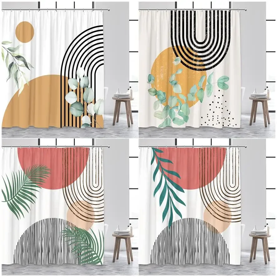 Mid Century Shower Curtains Watercolor Green Leaves Black Line Creative Geometric Modern Bathroom Curtain Polyester Decor Baño