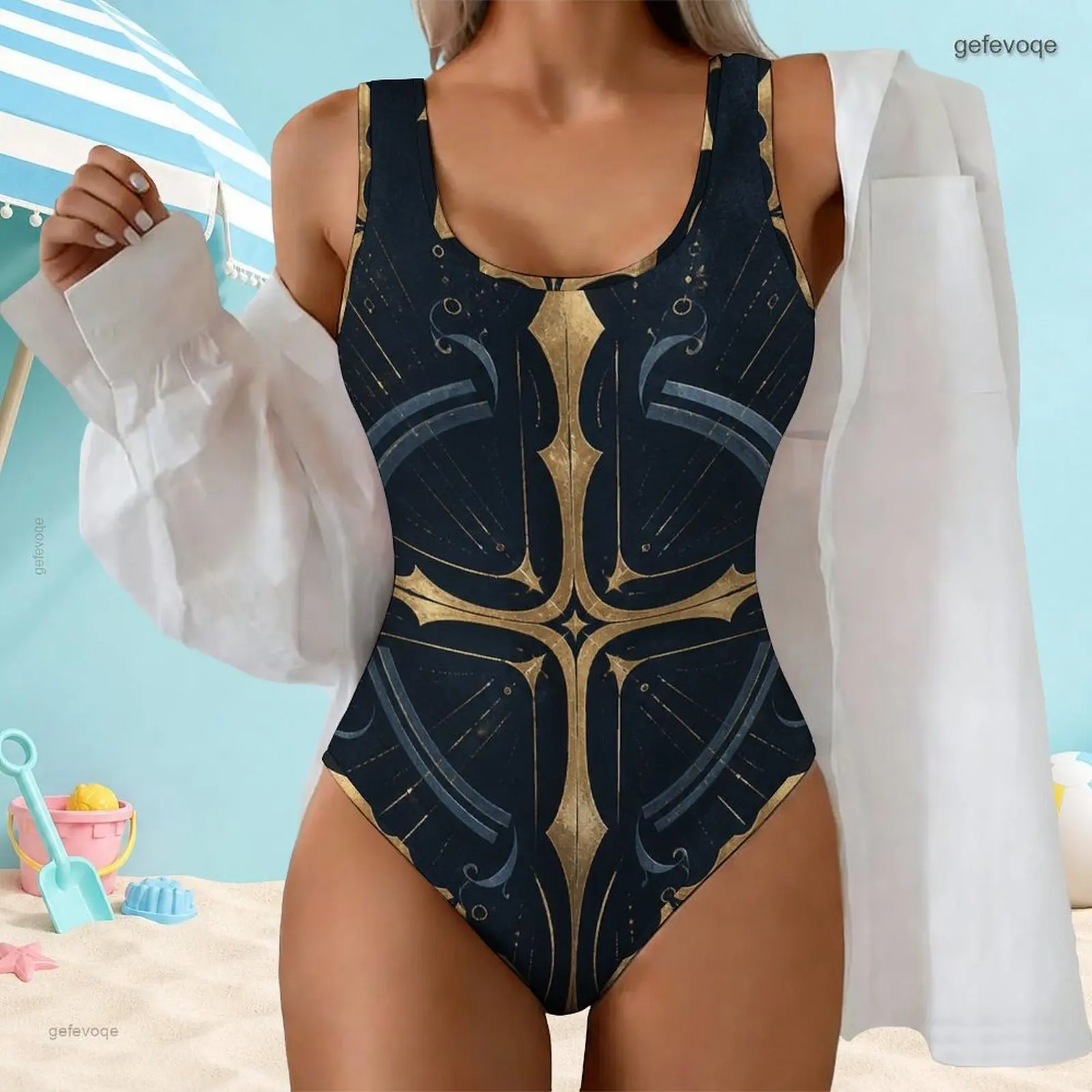 Women Scoop Neck Wide Straps One Piece High Cut Printed Swimsuit