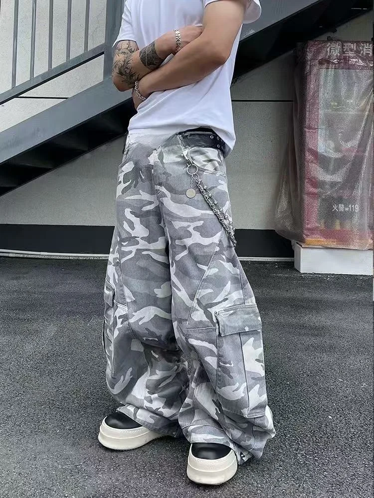

American High Street Grey White Camouflage Washed Knife Jeans Men's Casual Loose Straight Leg Wide Leg Long Pants
