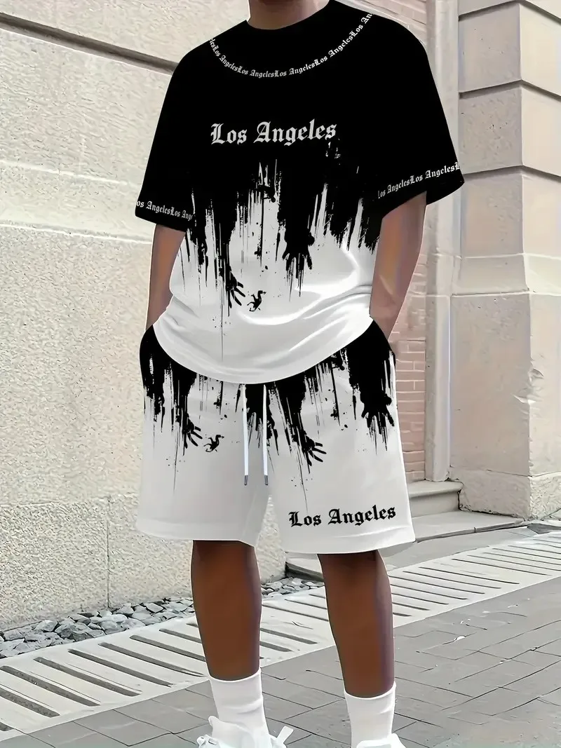 2025 3D Gradient Printed Sports Fashion Short Sleeved Two-piece Set Summer New Men's Shorts T-shirt Set