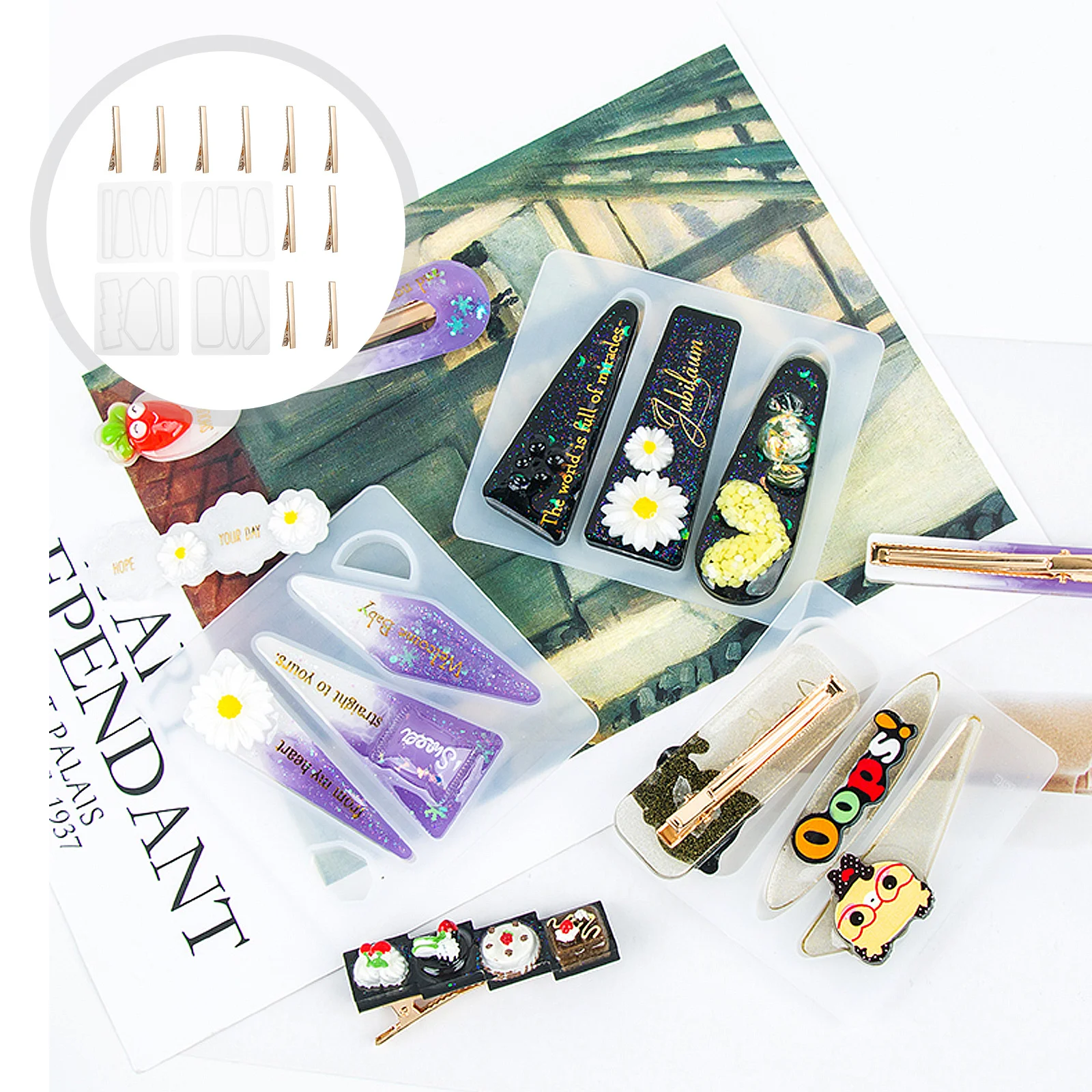 

14 шт., стильная силиконовая форма для головного убора, прочная эпоксидная заколка для волос, формы для литья, эпоксидная форма, аксессуары для самостоятельного изготовления, формы для литья