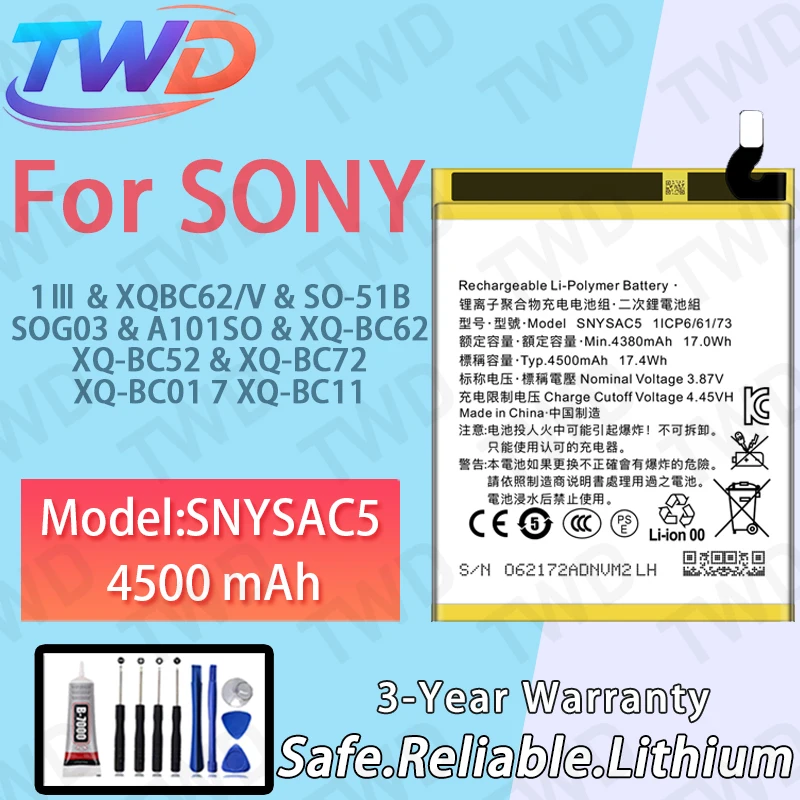 

SNYSAC5 Large capacity 4500mAh Battery For Sony Xperia 1iii Batteries New High Quanlity+Free Tools