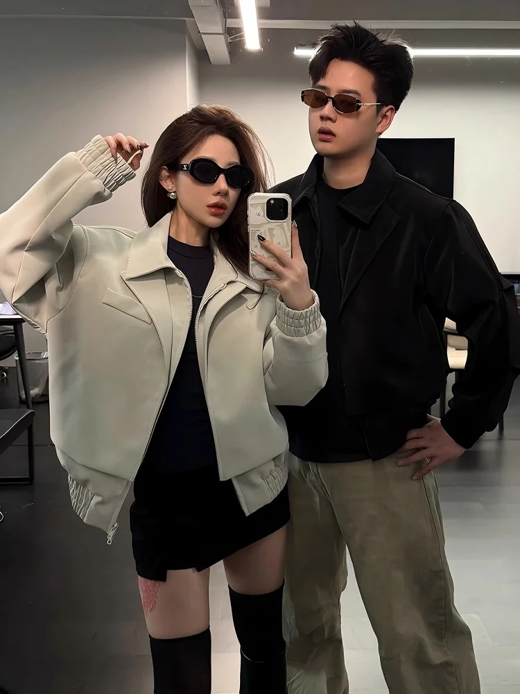 

American Sle Casual ort Suit Jaet Men Women Autumn Flip Collar Pilot Jaet Cool Couple Baseball orm Loose Fit Yout...