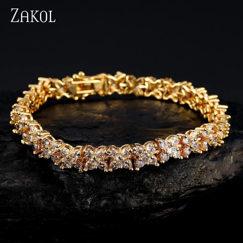 ZAKOL Simple Personalized Petal Shape Copper Micro-set Zircon Women's Bracelet Temperament Elegant Party Jewelry Gift Female