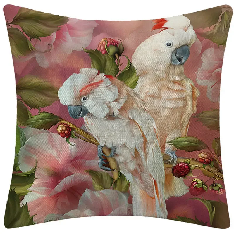 Parrot Toucan Couple Bird Decorative Throw Pillow Cushion Cover Tropical Plant Cotton Linen Pillowcase Decoration for Home Sofa