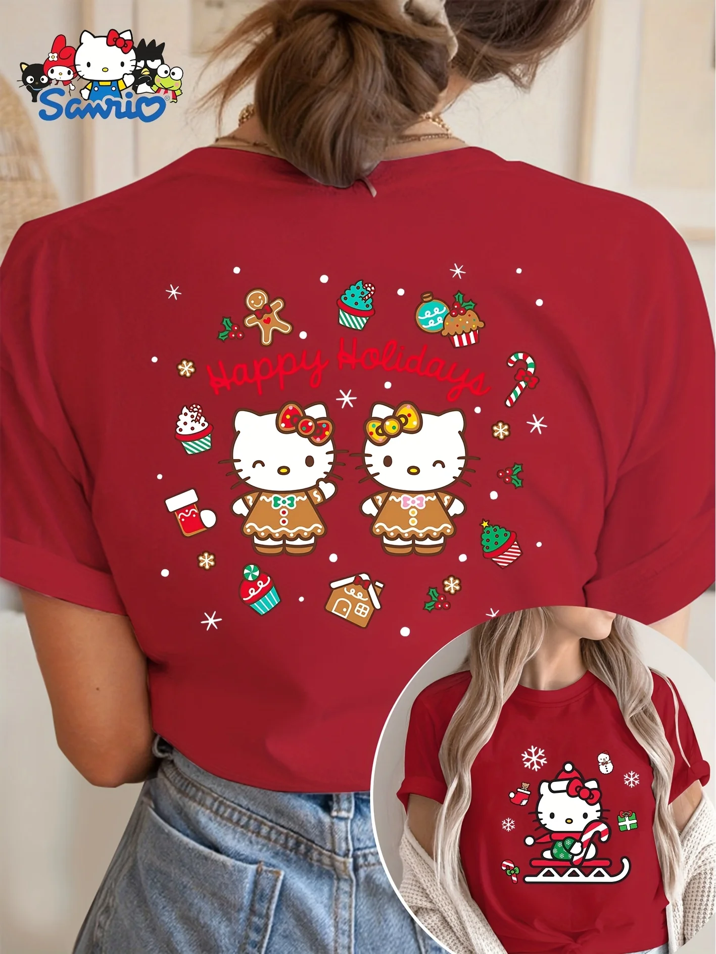 

Sanrio Christmas Hello Kitty with "Happy Holidays" Text, Gingerbread Man, Cupcake, Cane Candy Series Double-sided Printing
