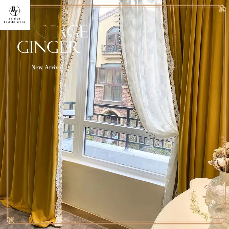 

French Ginger Velvet Luxury Blackout Curtains for Living Room Bedroom Vintage Thick Fabric Flannel Fashion Lace Tulle Custom